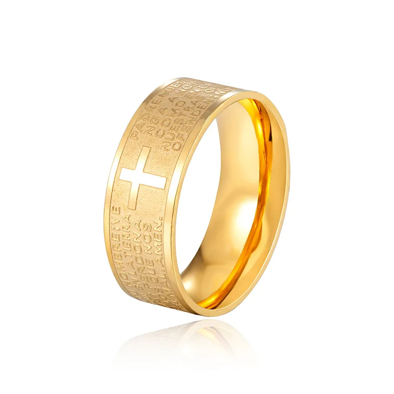 7mm Tone Spanish Golden The Holy Bible Prayer Cross Ring Stainless Steel Rings gold color ring stainless steel ring