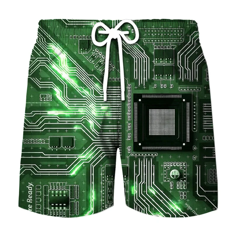 

Circuit Board Graphic Short Pants For Men Hawaiian Beach Shorts 3D Print Electronic Chip CPU Cool Designs Gym Trunks Ice Shorts
