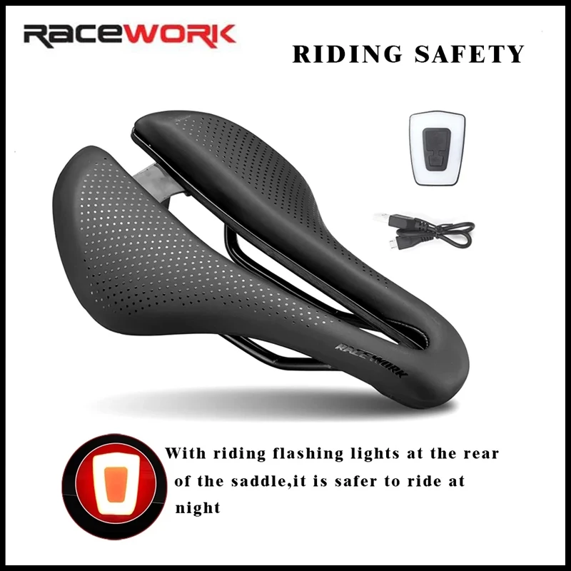 

Седло для горного велосипеда RACEWORK Pro4, мягкое удобное дышащее ажурное сиденье с сигнальным задним фонарем, USB-зарядка