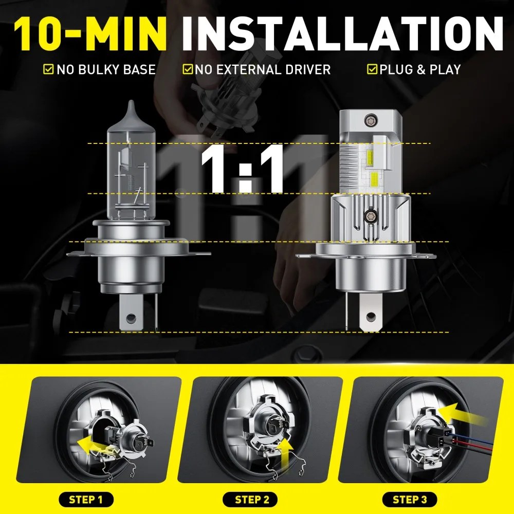 AUXITO 2개 LED 램프 H4 헤드라이트 전구 팬리스 12V 1:1 미니 사이즈 디자인 6500K 화이트 H4 9003 LED 헤드라이트 키트 상향등/하향등