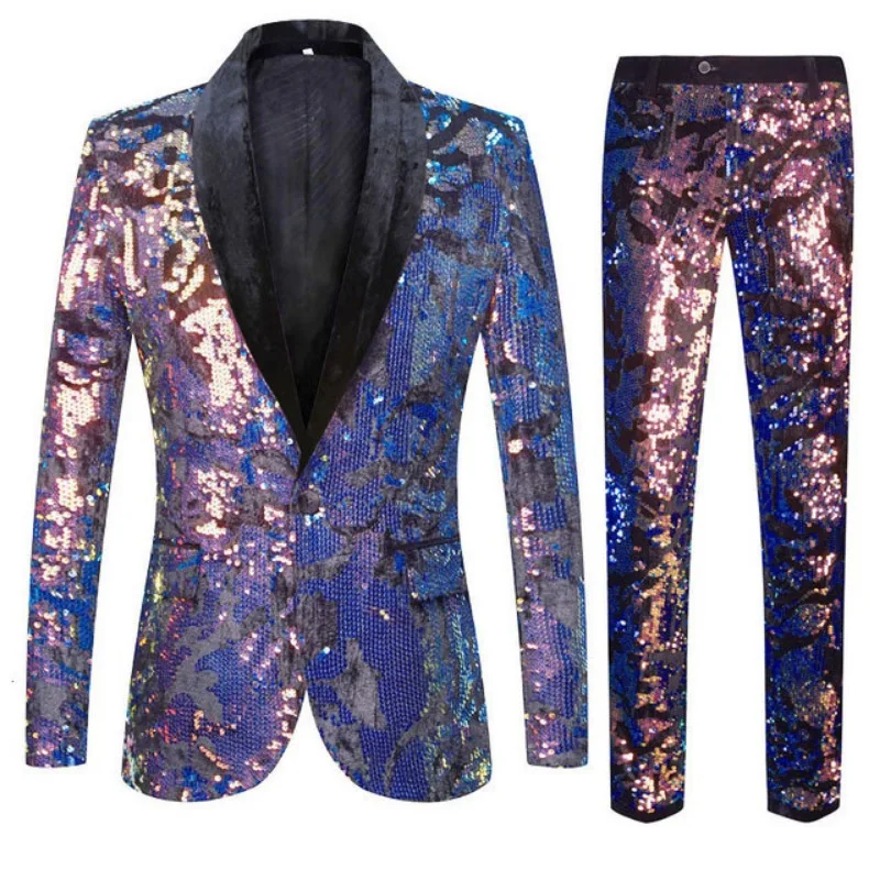 Mens Suit 2 Piece White Colorful Velvet Sequins Party DJ Club Dress Tuxedo Suit Blazer+Pants Stage Singer Wedding Suits for Men