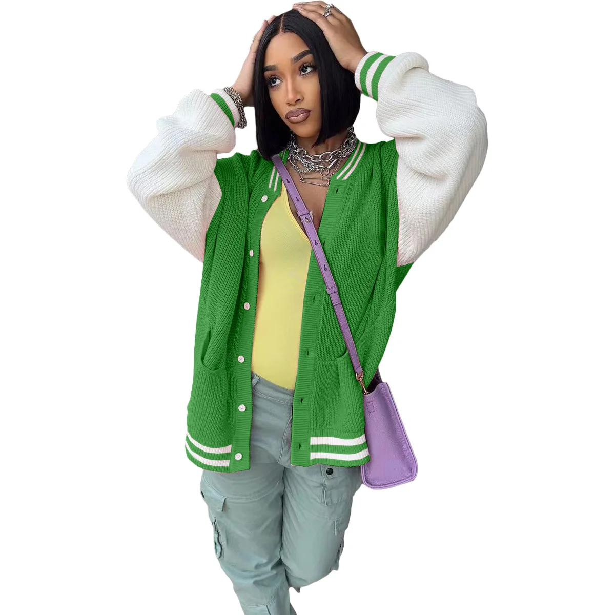 Varsity Knitted Women Coat Long Sleeve Button Up Sweater Jacket 2023 Fall Winter Casual Workout Activewear Loose Cardigan Coat