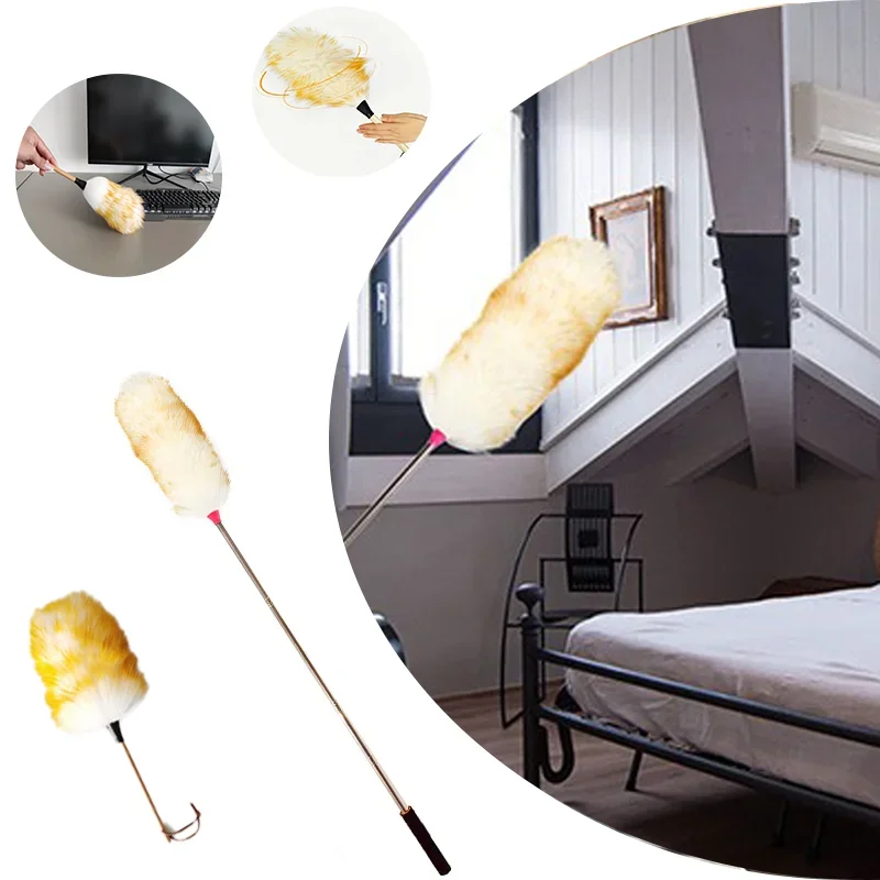 Scalable Wool Dust Collector Wood Handle Soft Wool Brush Anti Static Lightweight Washable for Home Car Cleaning Gentle Multi Sur
