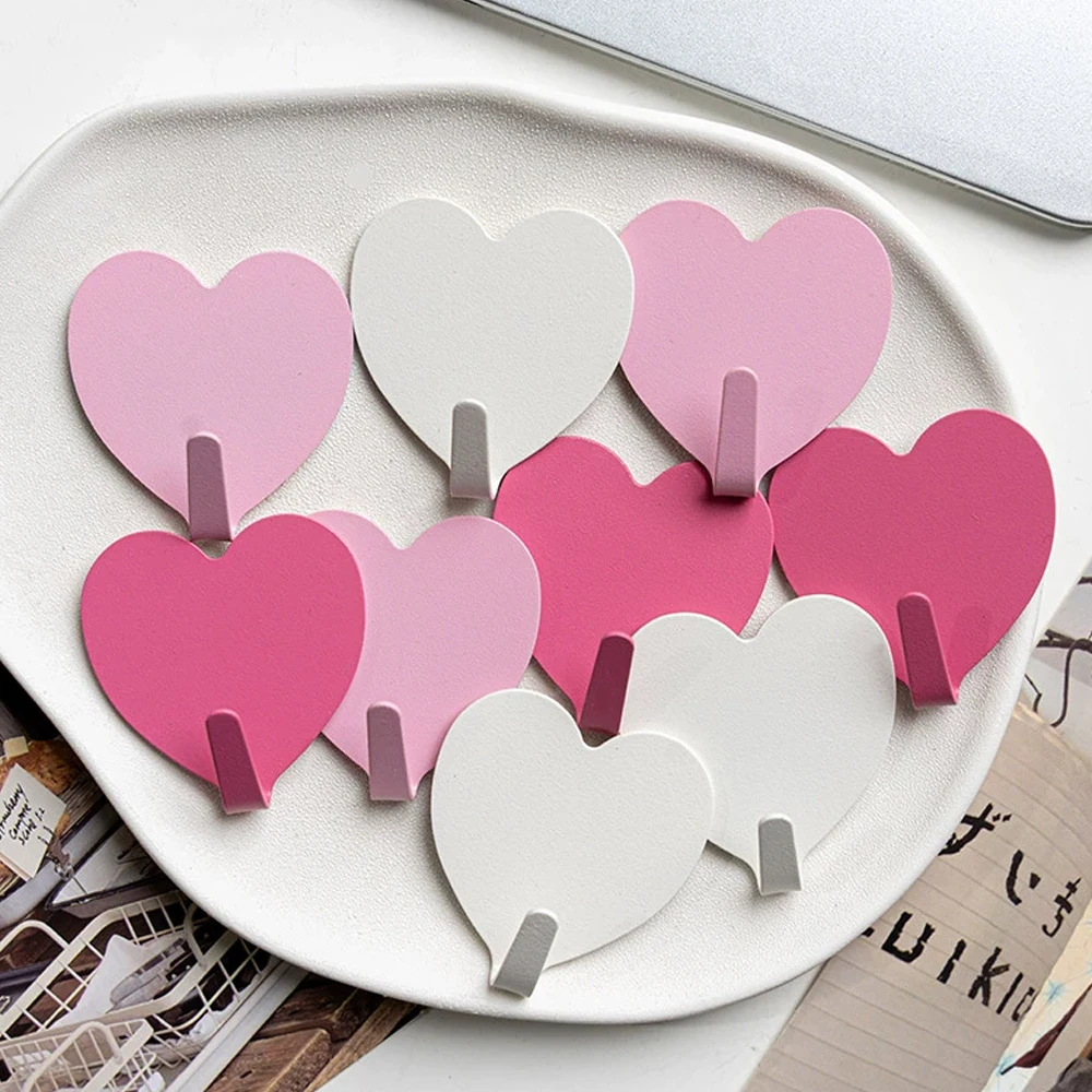 Pink Heart-Shaped Stainless Steel Adhesive Wall Hook for Keys, Clothes, and Towels