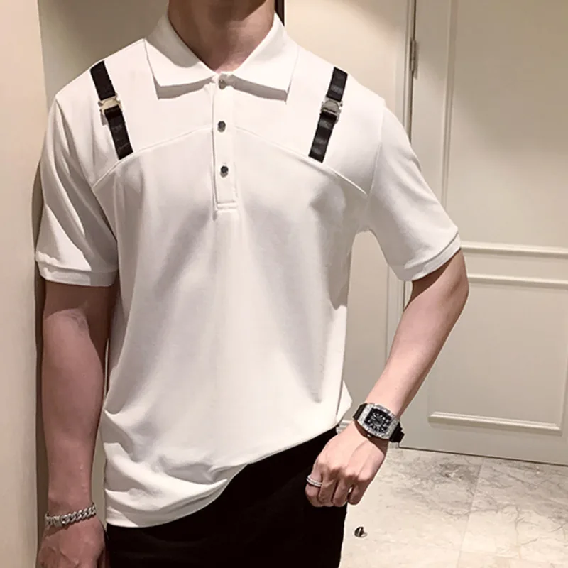 

Personalized Shoulder Strap Decorate Polo T-shirt Men Quality British Lapel Short Sleeved Polo Shirt Summer Business Simple