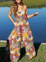 Women Casual Jumpsuits Fashion Overalls Female Loose Wide Leg Printed Button with Pockets - Image 3