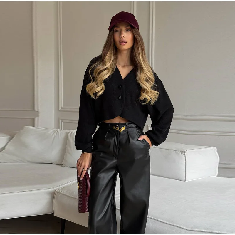 Schicker kurzer Damenpullover, eleganter Strick, einreihig, volle Ärmel, Strickjacke für Damen, 2026, neues Frühjahr, Damenkleidung, Strickwaren – Detail 1