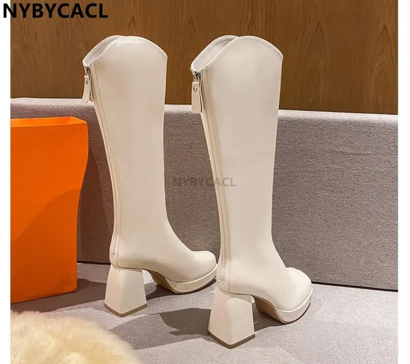 Black Winter Women Boots Fashion Platform Thick Heel Knee High Zipper Autumn Long Shoes Goth Square Heel Rubber Chelsea Plus Siz