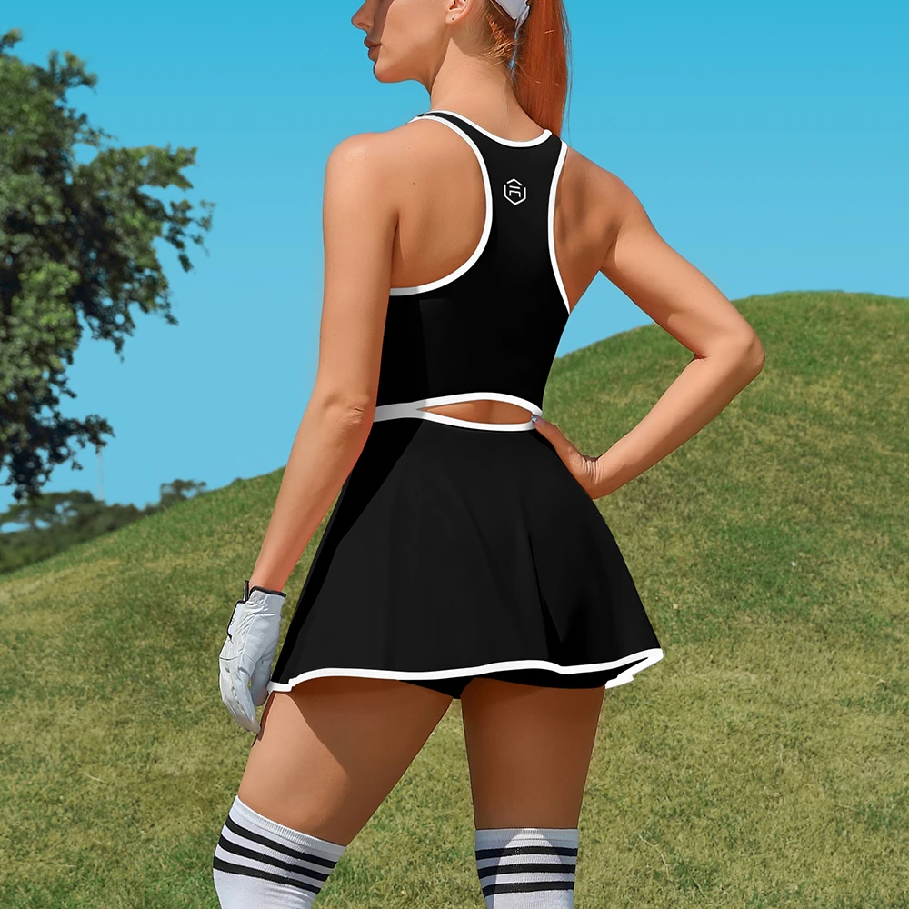 Anfilia Women One-Piece Tennis Dress U Neck Sleeveless Built In Bras High Elastic Racerback Hollow Out Waist With Inner Pockets