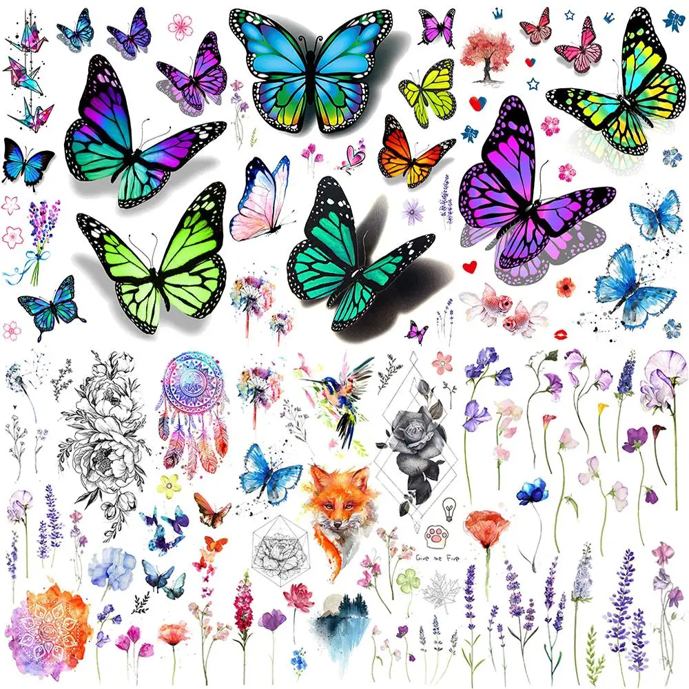 

3D Butterfly Lavender Flower Temporary Tattoos For Women Adults Realistic Fox Rose Flower Tatoos Sticker Sexy Body Art Tattoos