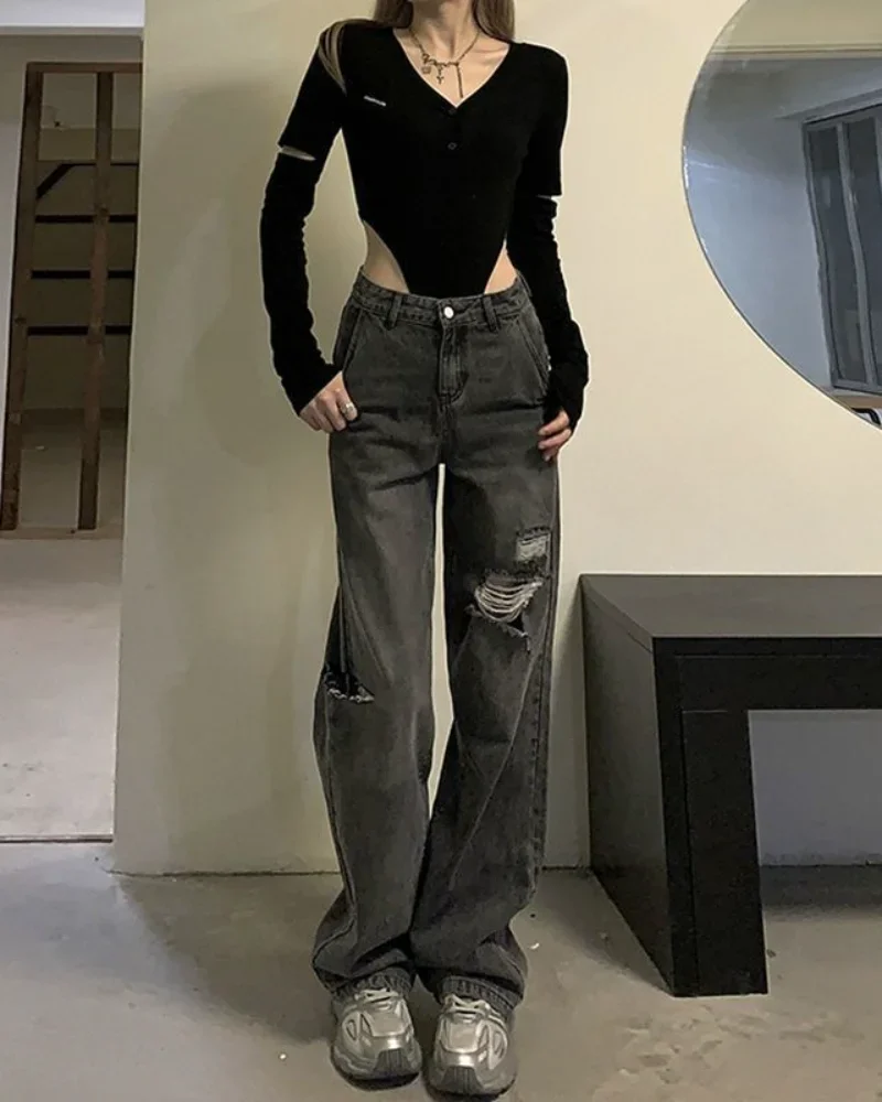 

Torn Gray with Pockets Womens Jeans High Waist Shot Holes Pants for Women Ripped Straight Leg Trousers Cheap Korean Fashion Cool