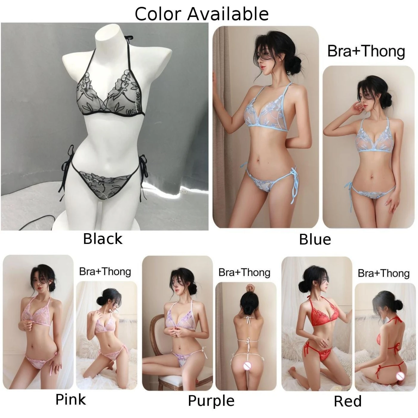 Women's Sexy Transparent Lingerie Set Lace Breathable Underwear Sheer Bra Panties Ladies Low Rise G-strings Elastic Thongs