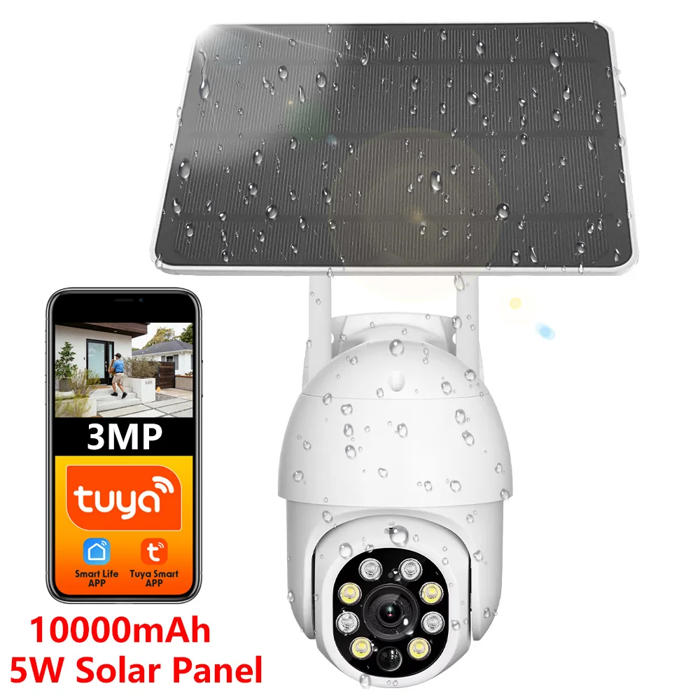 Tuya Smart 3MP Battery Solar Powered WiFi Wireless PTZ Outdoor PIR Motion Tracking Patrol PIR Security Surveillance FHD Camera