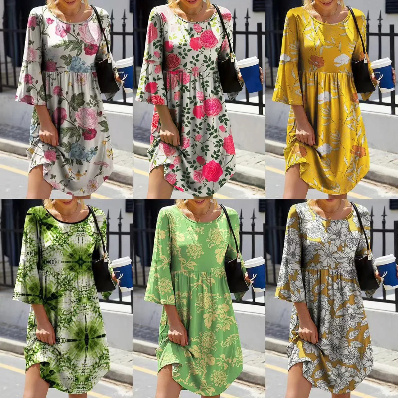 

Spring and Autumn European and American New AliExpress Elegant Commuting Round Neck Printed 3/4 Sleeve Dress for Women YBF29-3