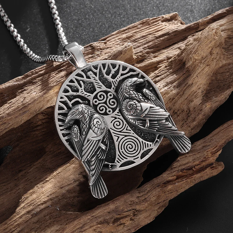 Vintage Nordic Raven Tree of Life Pendant Necklace Odin Huginn Muninn Necklace for Men Women Norwegian Amulet Jewelry Gift