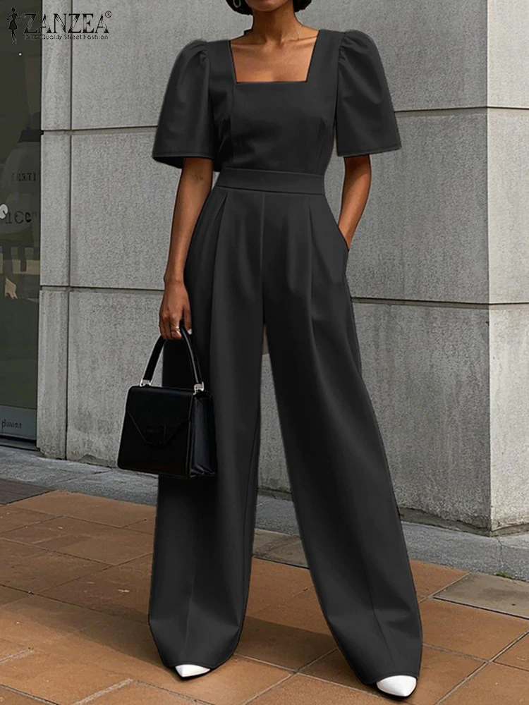 ZANZEA Solid Elegant Jumpsuits Woman Street Fashion Commute Fitted Waist Wide Leg Pant Overalls Short Sleeve Square Neck Rompers 3