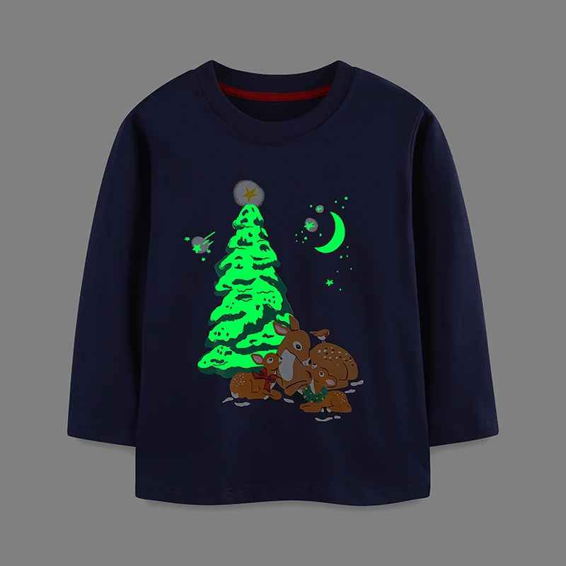 Children's Clothing 2025 Autumn Luminous Christmas Tree Deer Long Sleeves T-shirt Cotton Tops Boys Kids Clothes