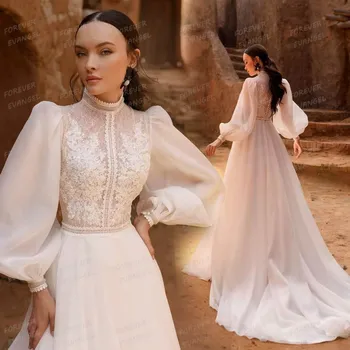 Eleganti abiti da sposa BOHO Una linea da donna Collo alto Abiti da sposa Appliques Manica lunga Personalizzato Backless Abiti da sposa