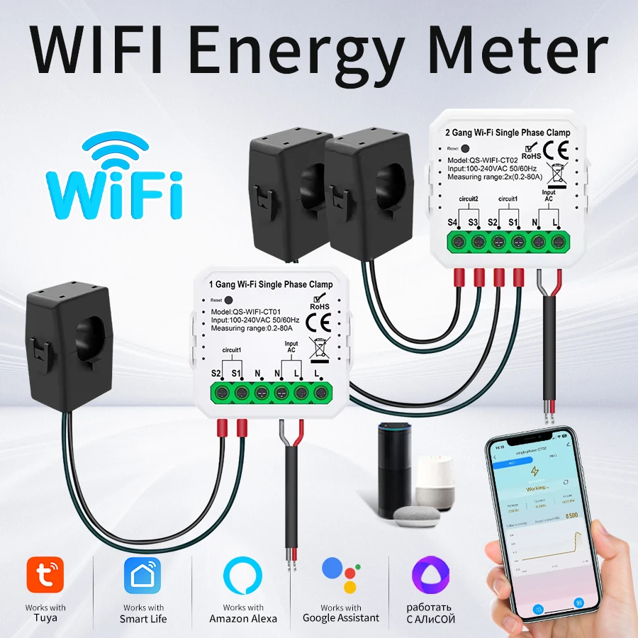 WiFi Dual Phase Smart Energy Meter with APP Control