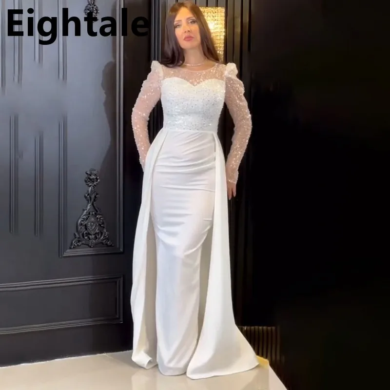 

Eightale 2024 White Floor Length Evening Dresses For Wedding Party Long Sleeve Sequined Formal Prom Dress Dubai Party Gown