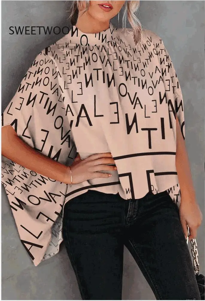 

2022 Summer Oversize Print Women's Top White Solid Long Batwing Sleeve Female Office Blouse Fashion Loose Casual Ladies Clothes