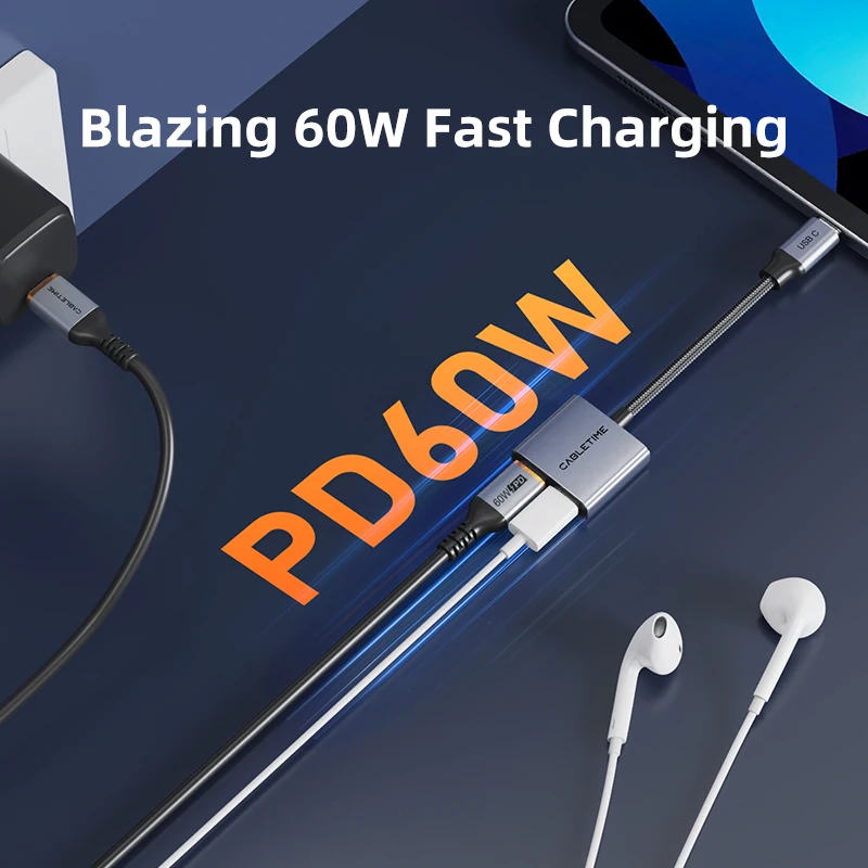 USB C to Dual USB C Headphone & Charger Adapter - 2-in-1 PD 60W Fast Charging Aluminum Adapter with Hi-Fi Audio