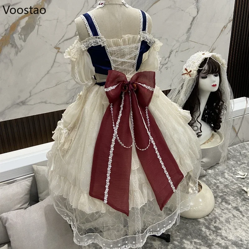 Lolita Dress Japanese Sweet Lolita Princess Dress Women Elegant Vintage Bow Off Shoulder Lace Mesh Pearl Evening Party Dresses Lolita Clothes