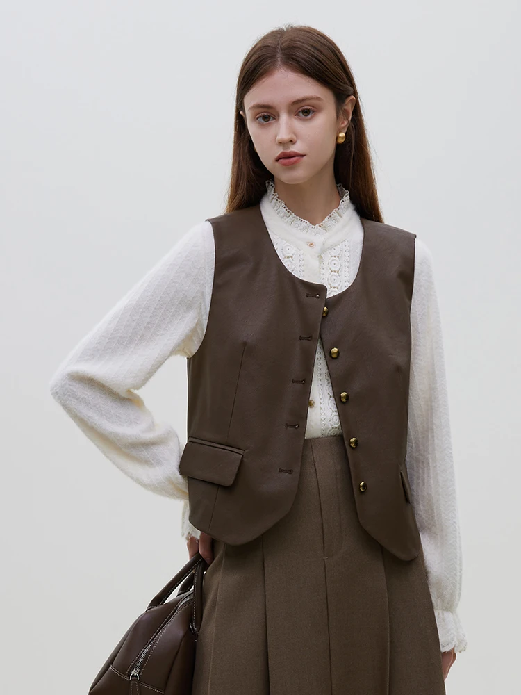 FSLE PU Leather Vest Women's Autumn Winter New Vintage Outwear Tank Top For Women Black Brown Women Vest Casual Loose