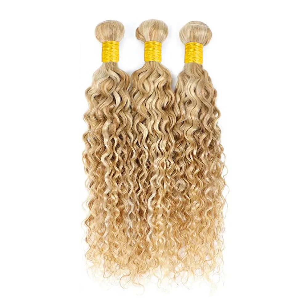 10-30 Inch P27/613 Water Wave Human Hair Bundles 12A Brazilian Remy 100% Human Hair Extensions Honey Blonde 1/3/4pcs Bundles 1
