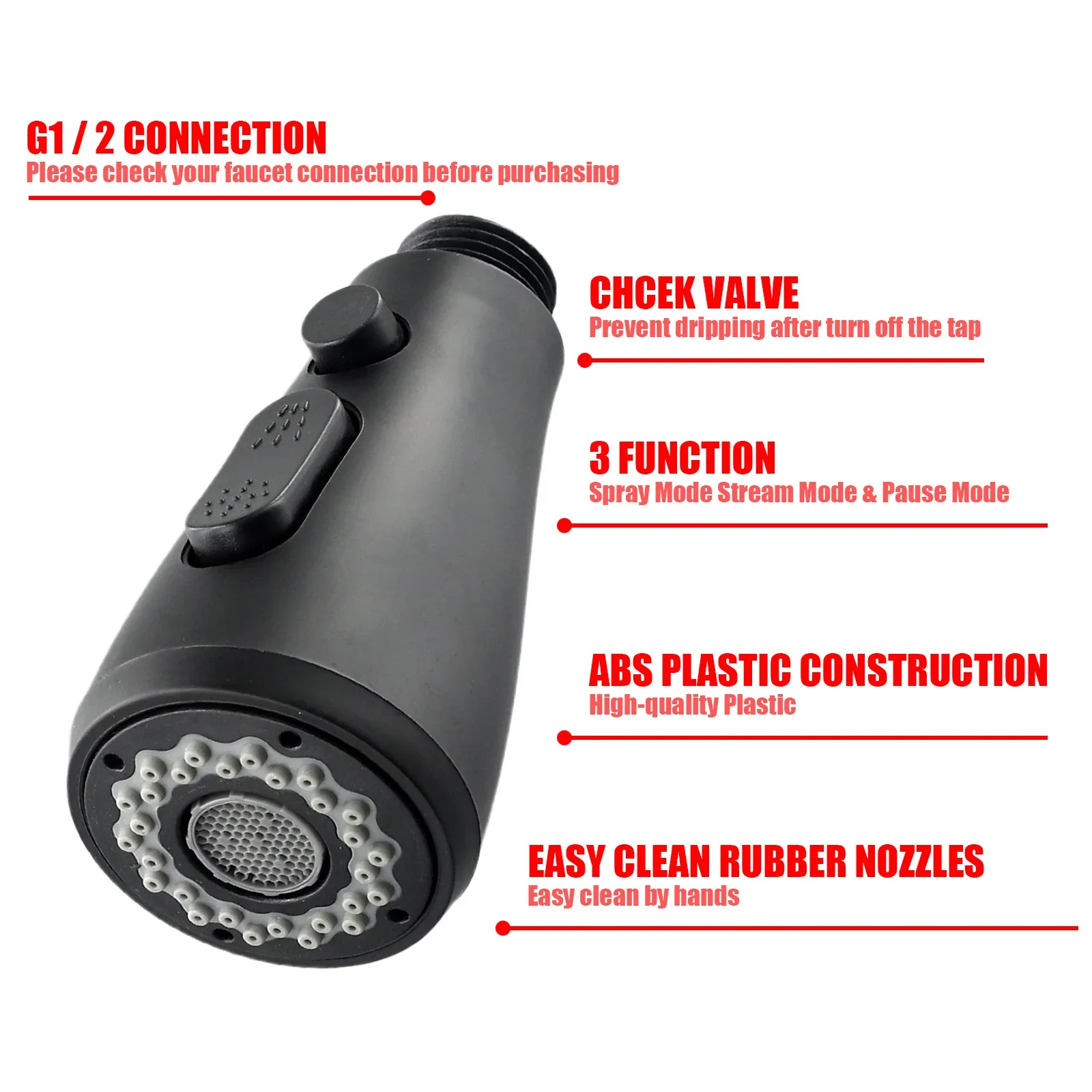 

Durable Shower Head Spray Tap Spare Parts Sprayer Standard Two Options 1/2\" Connection Universal ABS Black Easily Install