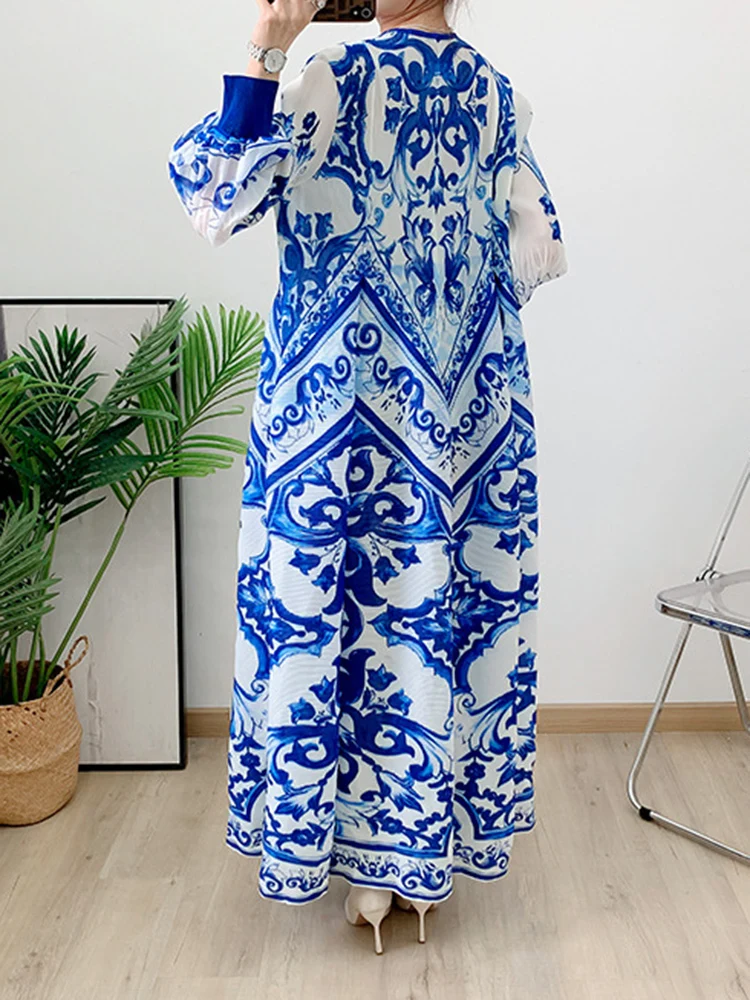 LANMREM Pleated Print Dress Women's O-neck Lantern Sleeves Color Contrast Elegant Long Dresses 2025 Spring New Clothing 2Z2990 - Image 6