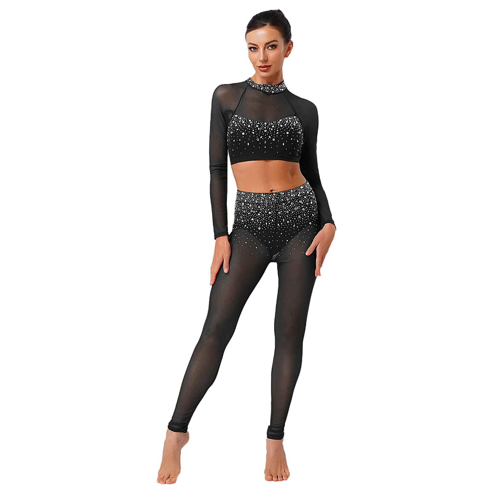 Damen-Outfit für lateinamerikanischen Bauchballett, rückenfrei, asymmetrisches Crop-Top und lange Mesh-Hosen, glitzerndes Strass-Tanzkostüm – Detail 20