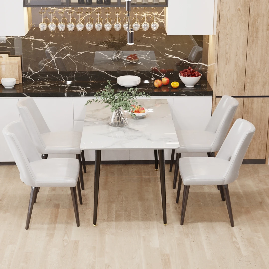 Modern Rectangular Dining Table with Sintered Stone Top & Black Metal Legs | Ideal for Kitchen, Living Room & Restaurant