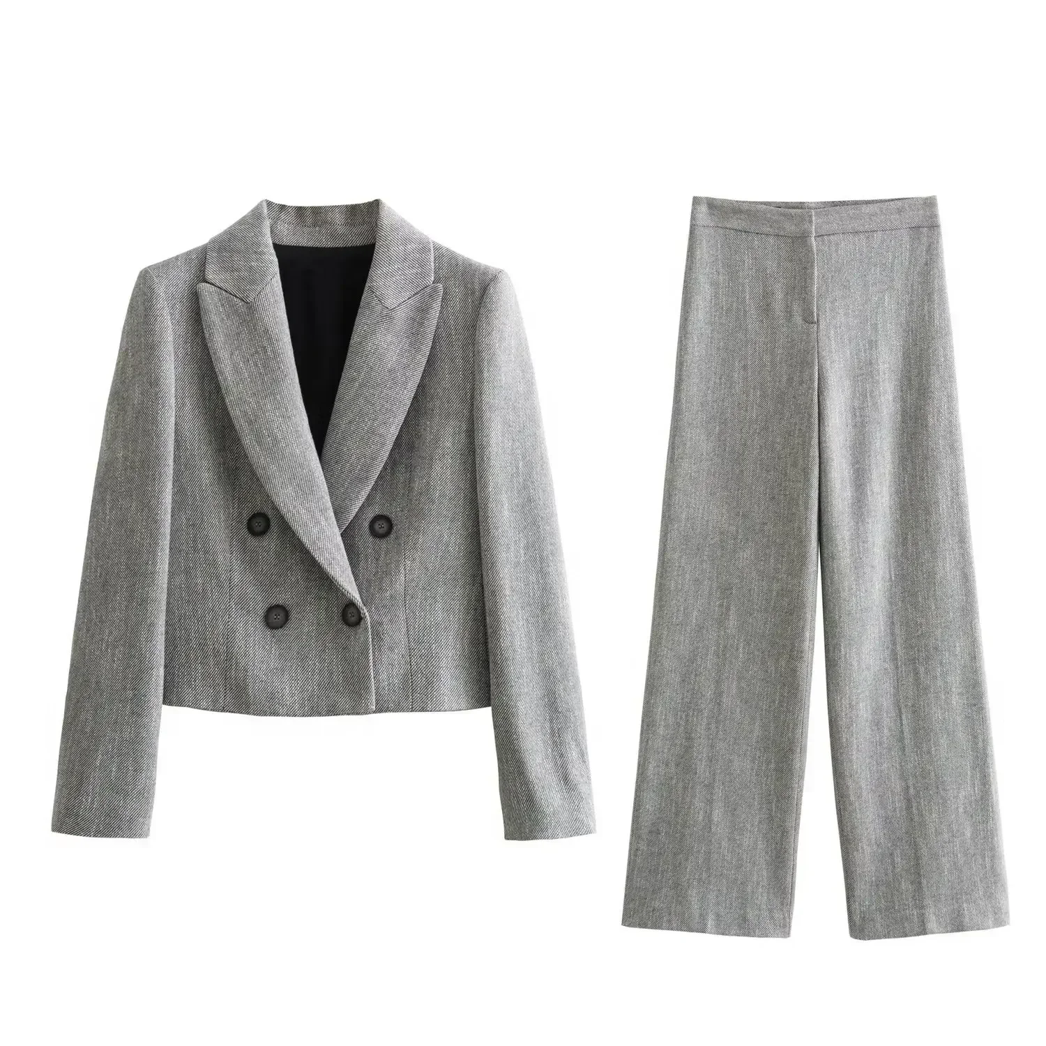 

Women New Fashion Herringbone twill Cropped Double Breasted Slim Blazer Coat Vintage Long Sleeve Female Outerwear Chic