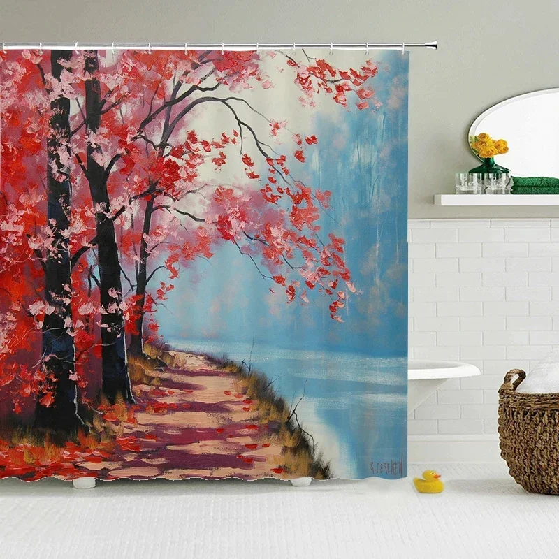 

Red maple leaf Mountain river Flower and bird landscape Shower curtain Floor mat Bathroom Waterproof Home curtain Decoration