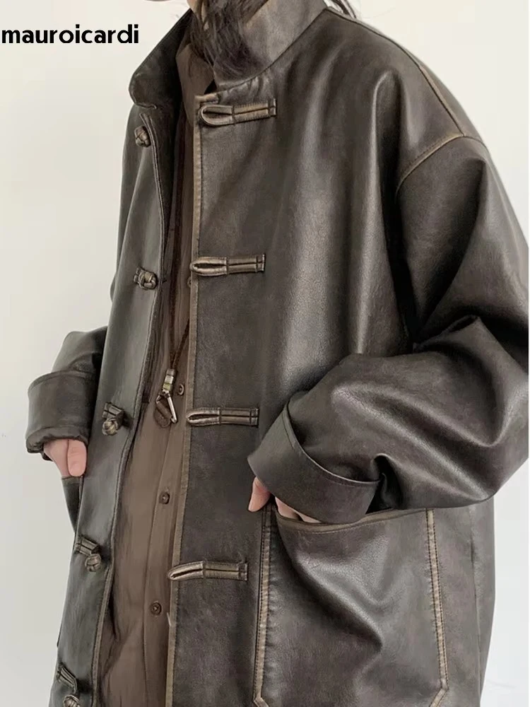 Mauroicardi Spring Cool Oversized Vintage Distressed Pu Leather Jacket Men Elegant Luxury Designer Chinese Style Clothes