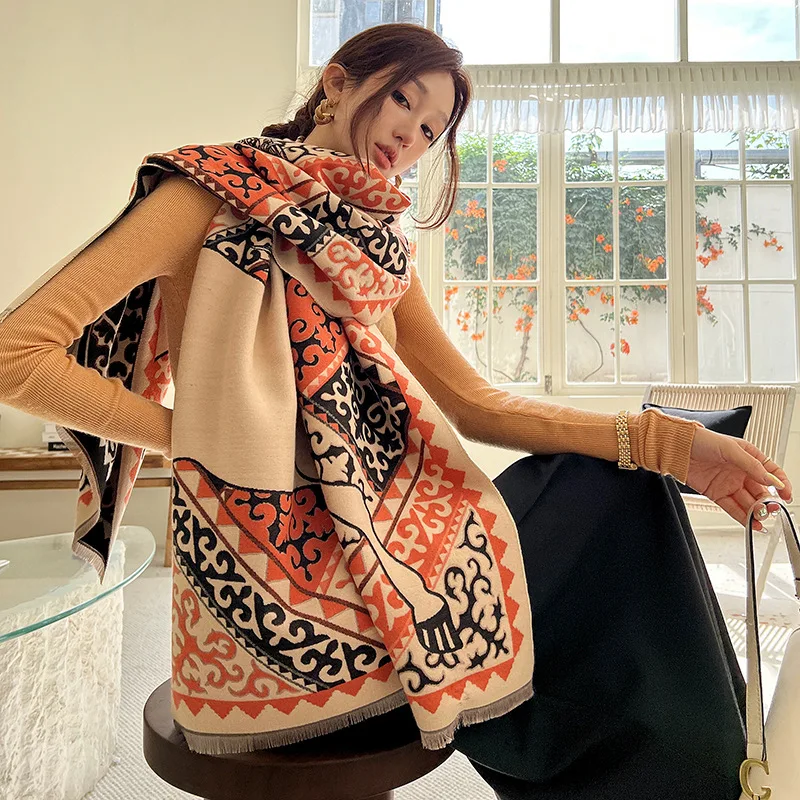 

2023 Retro Graphics Women Cashmere Scarf Fashion Thick Warm Winter Cloak Big Shawl Lady Long Pashmina Blanket Bandana Scarves