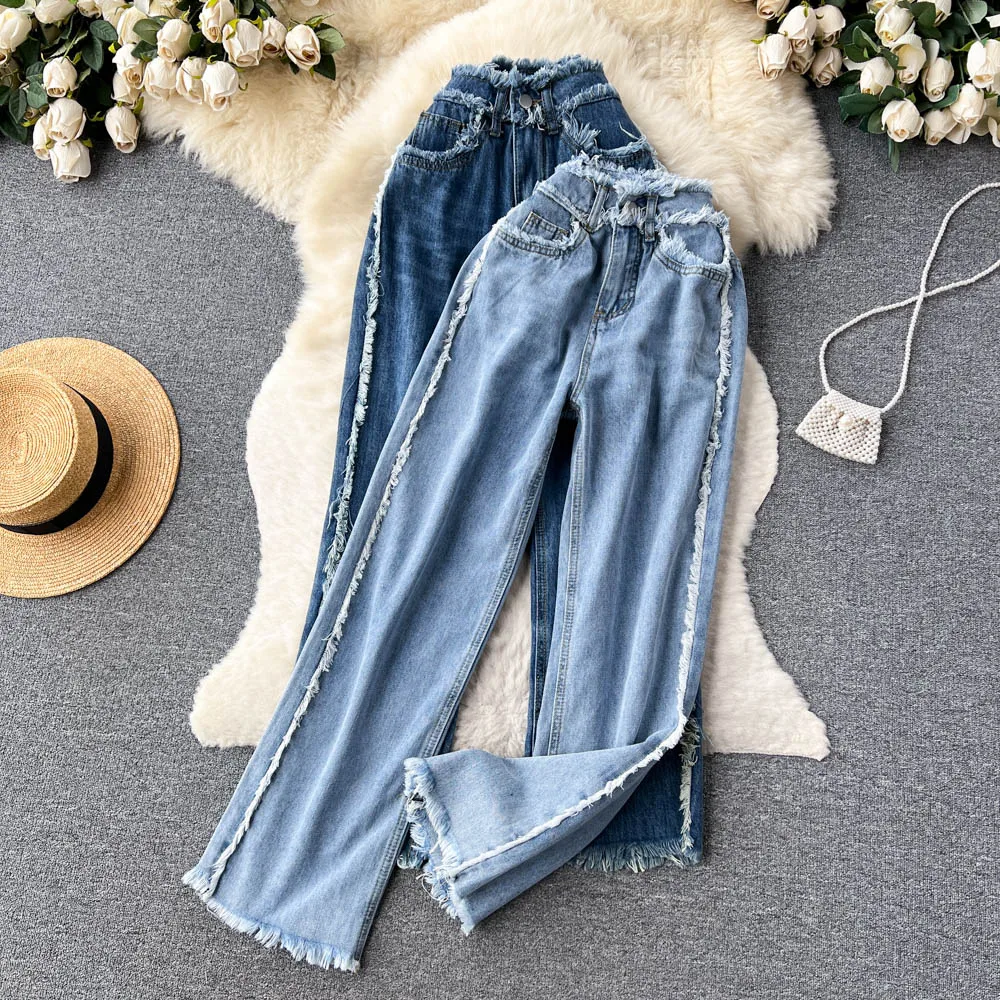 

Vintage Ragged High Waist Jeans Versatile Fashion Straight Leg Trousers Casual Wide Leg Floor Towers