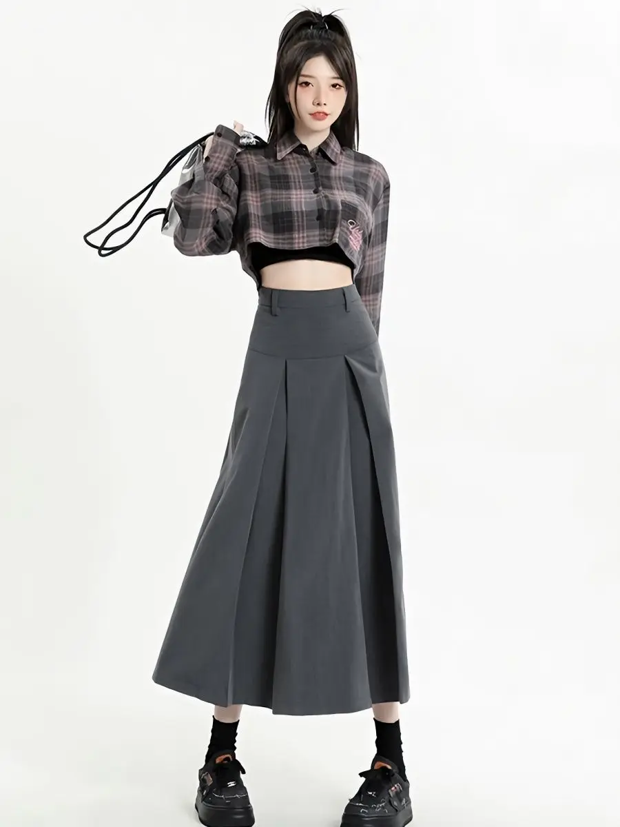 Pleated Grey Skirt Women's Spring and Summer New High Waist Casual Draped A- line Large Swing Skirt Knee Suit Long Skirt