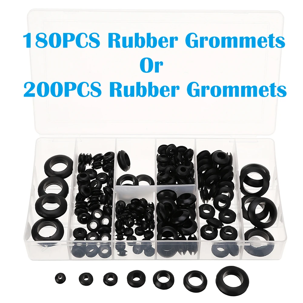 

180/200pc Rubber Grommets+PVC Storage Case Assortment Set Open Blanking Hole Wiring Cable Gasket Faucets Hoses Sealing Ring