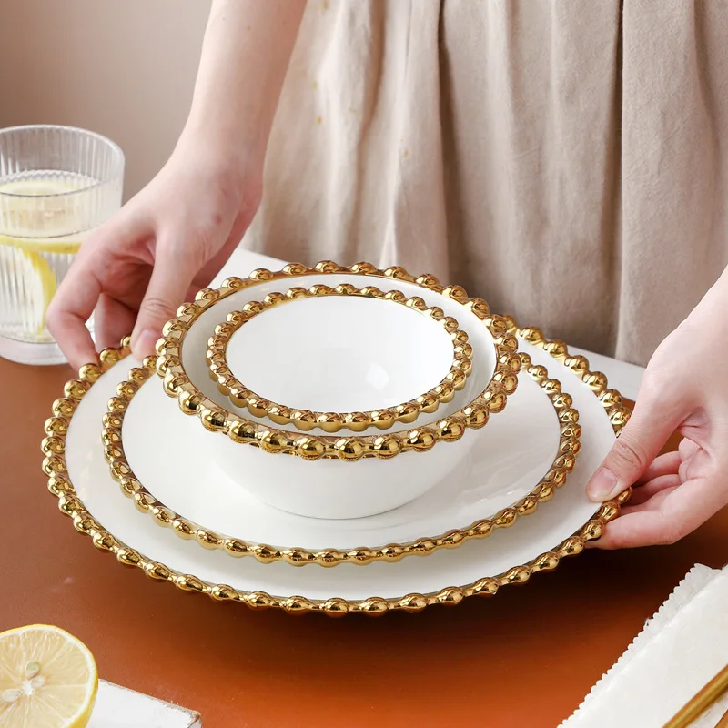Nordic Ceramic Plates and Bowls Set Gold Round Dot Edge Steak Plate Salad Tableware Dessert Bowl Home Dinner Dishes