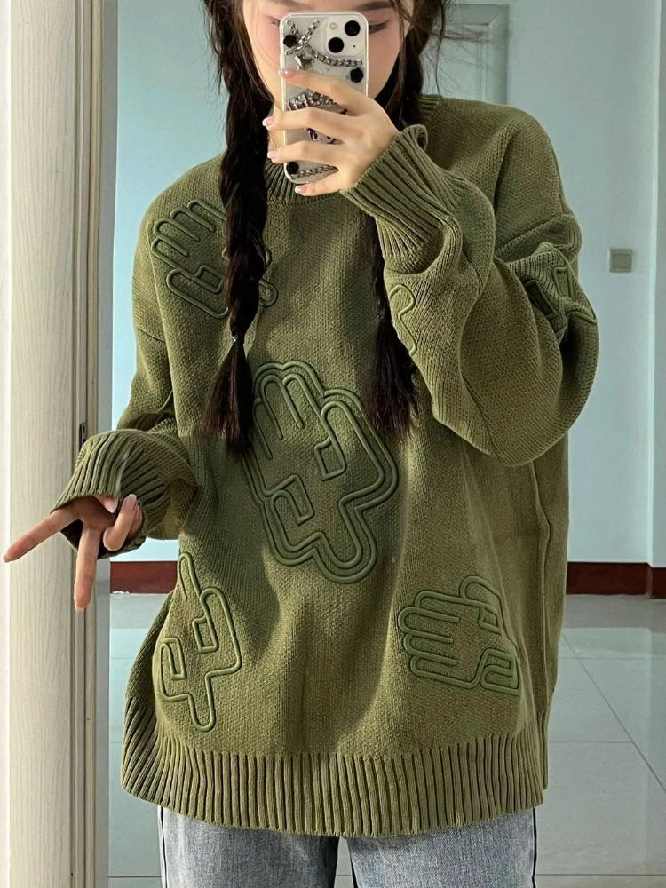 

Deeptown Vintage Y2K Green Oversized Sweater Women Harajuku Kpop Casual Knitted Jumper Retro Long Sleeve Tops Grunge Streetwear