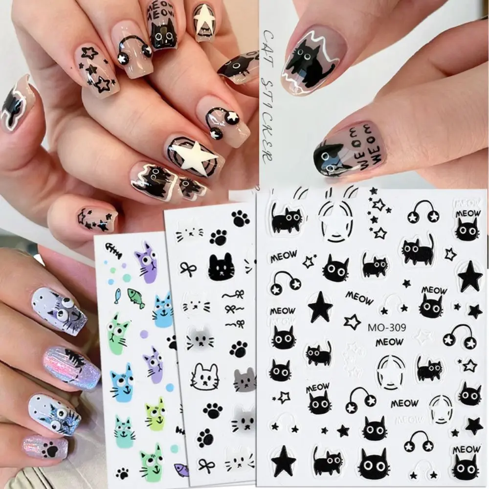 3D Nail Stickers Cartoon Nail Art Decoration Cute Bow Graffiti Black Cat Manicure Accesories for Women