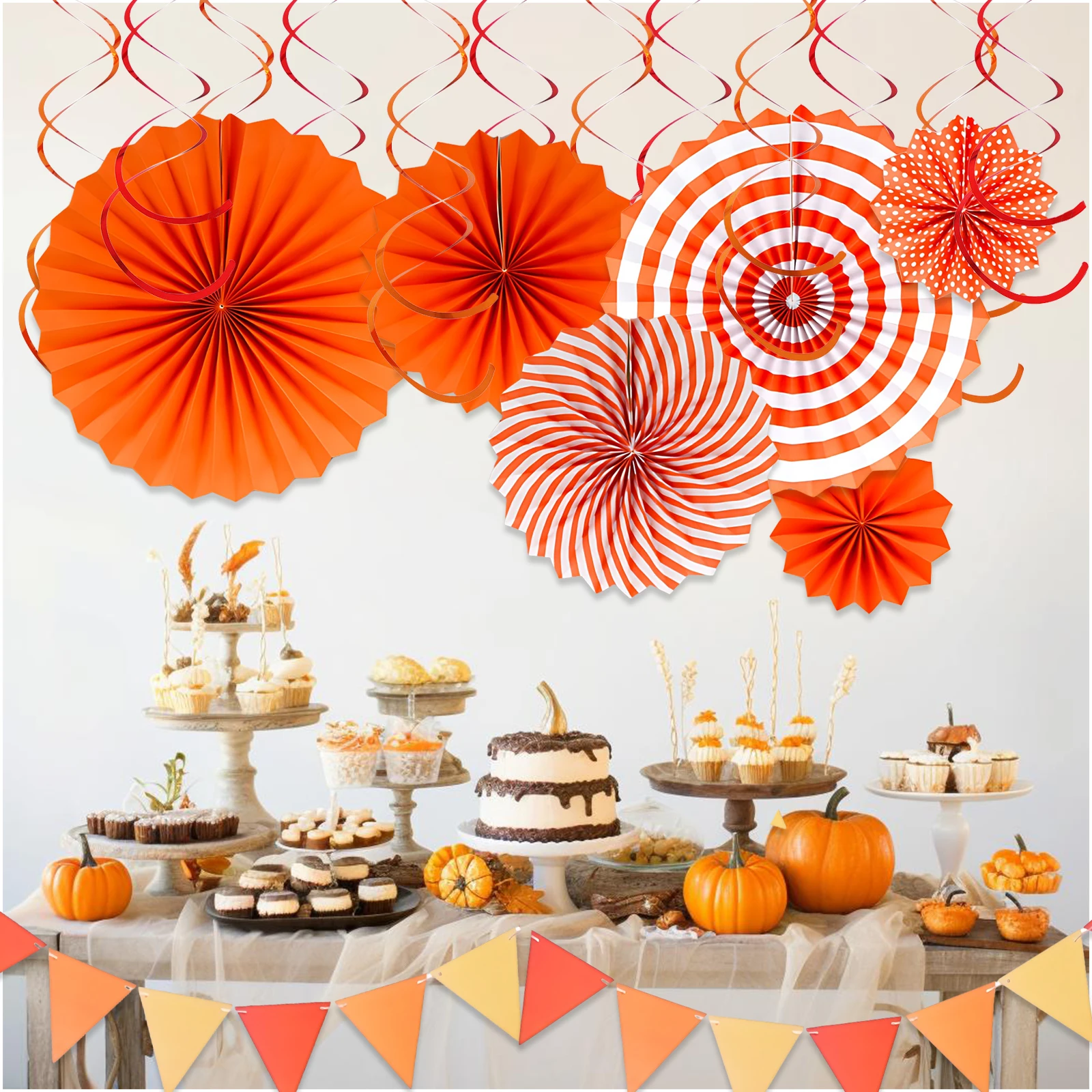 

19pcs Set 27.5inch Red Aluminium Foil Hanging Swirls 16.4ft Orange Paper Card Pennant Banner Party Streamers For Birthday Party