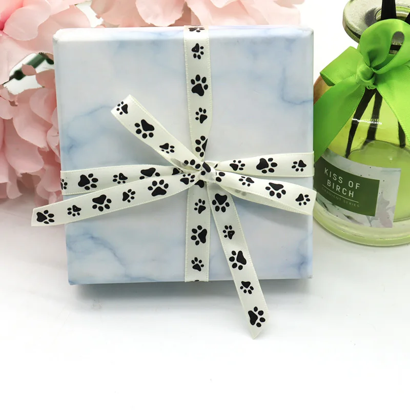 3/8'' 9mm Black Dog Paws Pet Paws Printed Polyester Single Side Satin Ribbon For DIY Sewing Gift Packing Decorations polyester ribbon