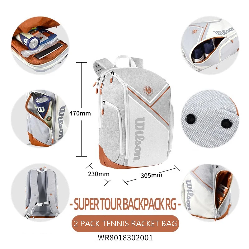Wilson 2023 Roland Garros Super Tournament Masters Tennis Racket Bag White RG Leather 2 Pack Racquet Backpack Adult WR8018302001