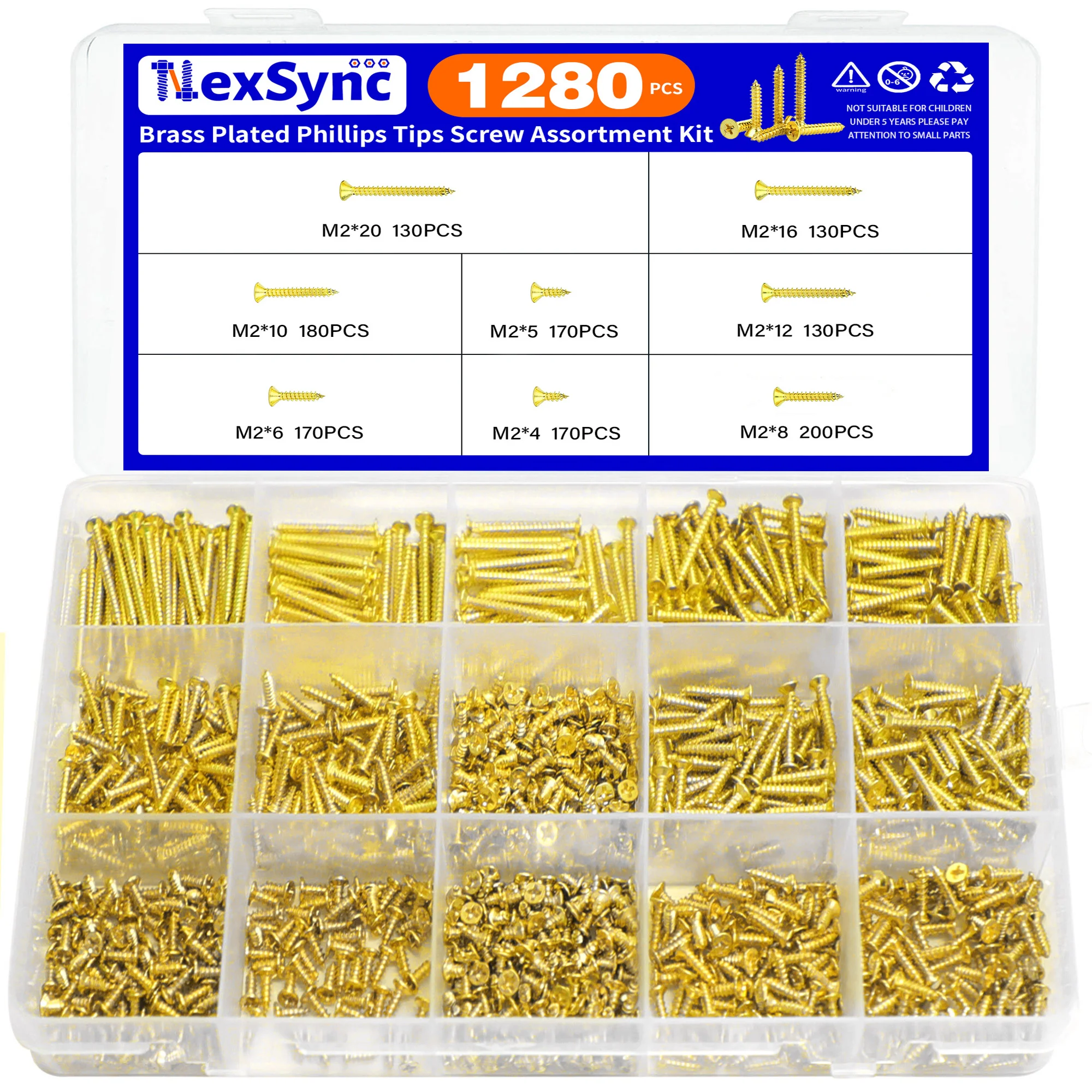 480/1280pcs Brass Plated Phillips Tips Screw Assortment Kit Fasten Links with Removable Daily Safety to Prevent Loosening