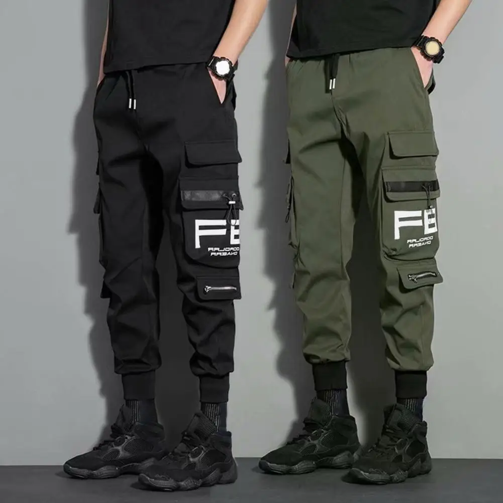 

Men Cargo Pants Letter Print Hip Hop Casual Male Track Pants Joggers Trousers Multi Pocket Loose Elastic Waist Cargo Harem Pants