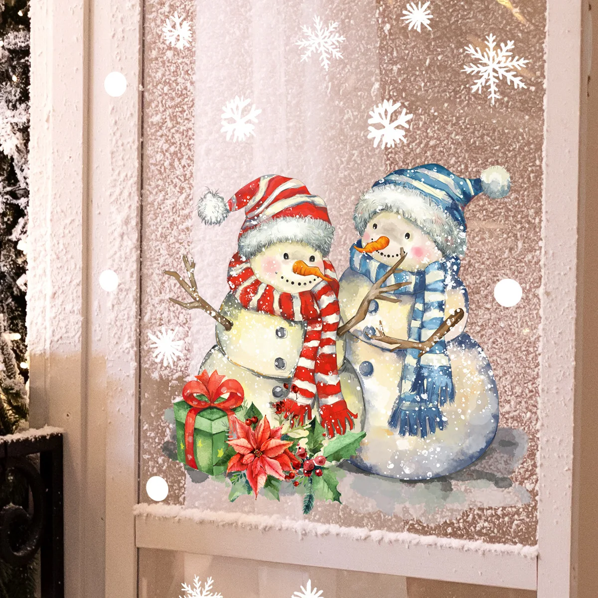 30*30cm Cartoon Couple Snowman Window Sticker Double Sided Visual Glass Sticker Christmas Valentine\'s Day Wall Sticker Ct6049