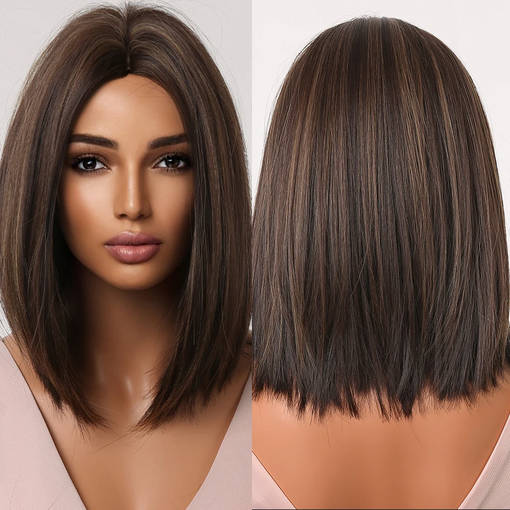 

Short Brown Highlights Blonde Synthetic Wigs Natural Straight Bob Women's Wig Hair Heat Resistant Middle Part Party Cosplay Use